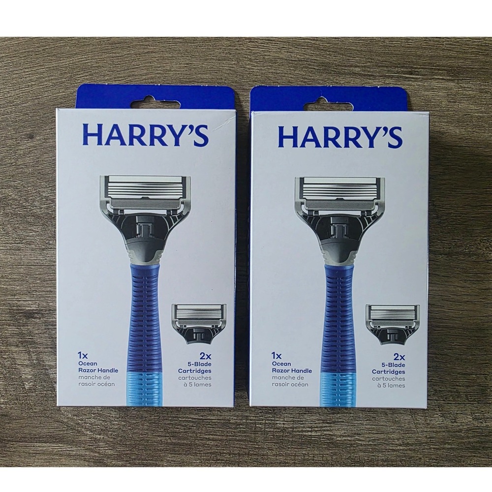 Harrys Ocean Razor Handle 5-Blade Cartridges 2 Pack Lot Blue Mens Shaving Set